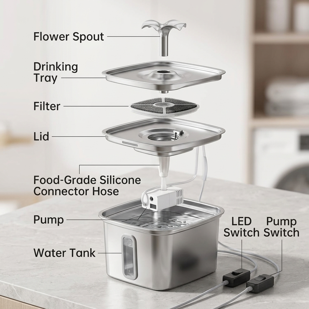 Stainless Steel Cat Water Fountain – 2.5L